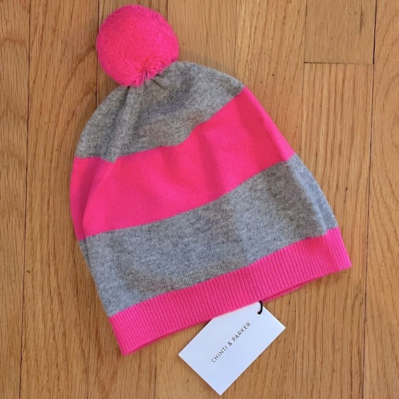 CHINTI & PARKER Pompom Striped Wool & Cashmere Blend Beanie Hat - NEW